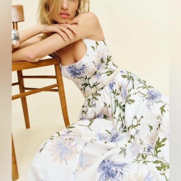 Reformation Dresses & Skirts - NEW Reformation Janu Midi Linen Dress Serenity White Blue Floral | US 2 / UK 6